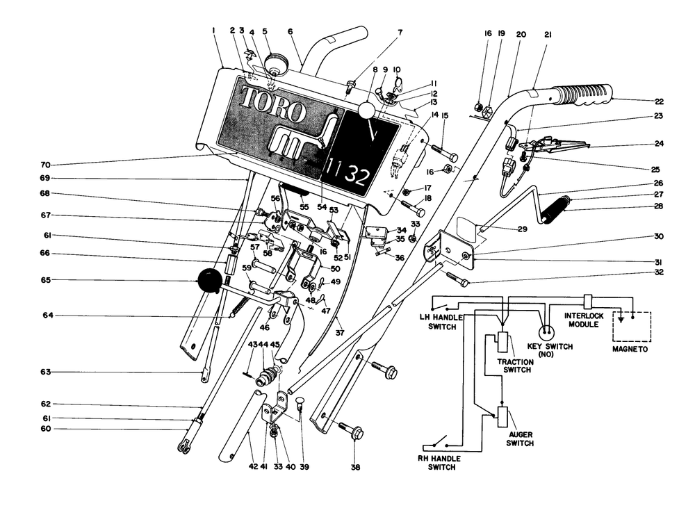 Handle Assembly Diagram and Parts List for 38090 4000001 - 4999999 Toro Snow Blower