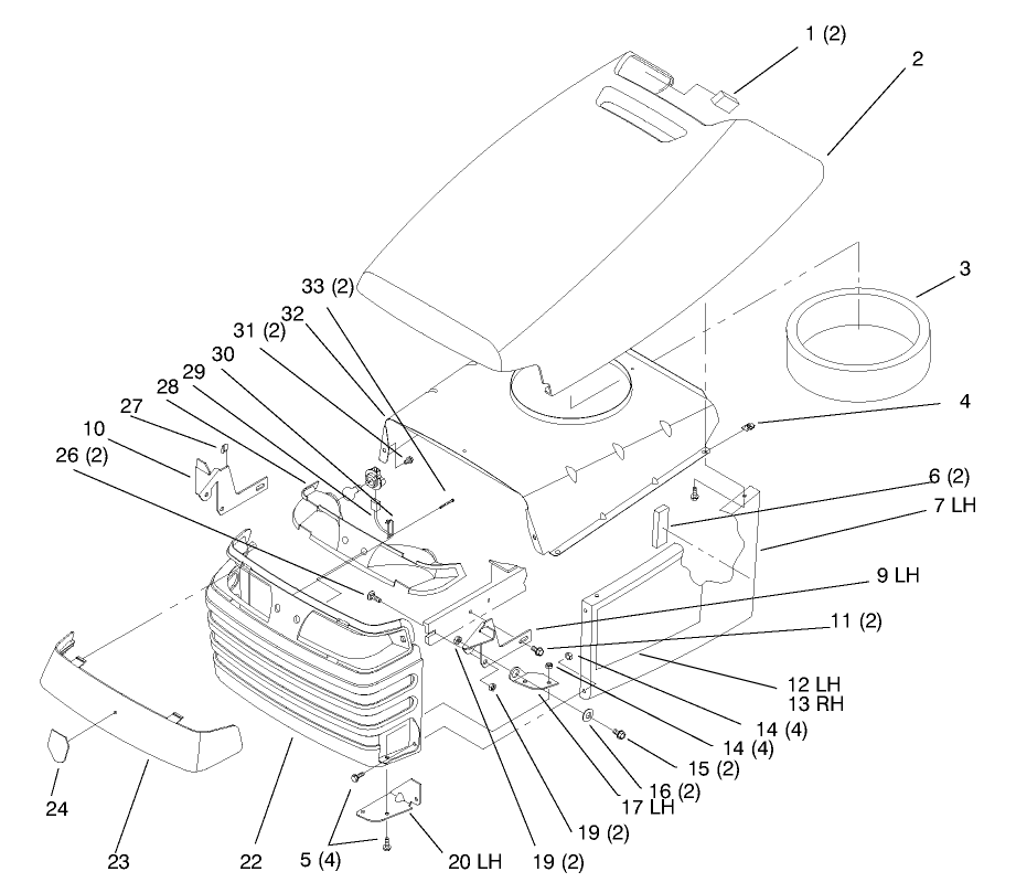 Hood And Grill Diagram and Parts List for 72102 8900001 - 8900399 Toro Lawn Tractor