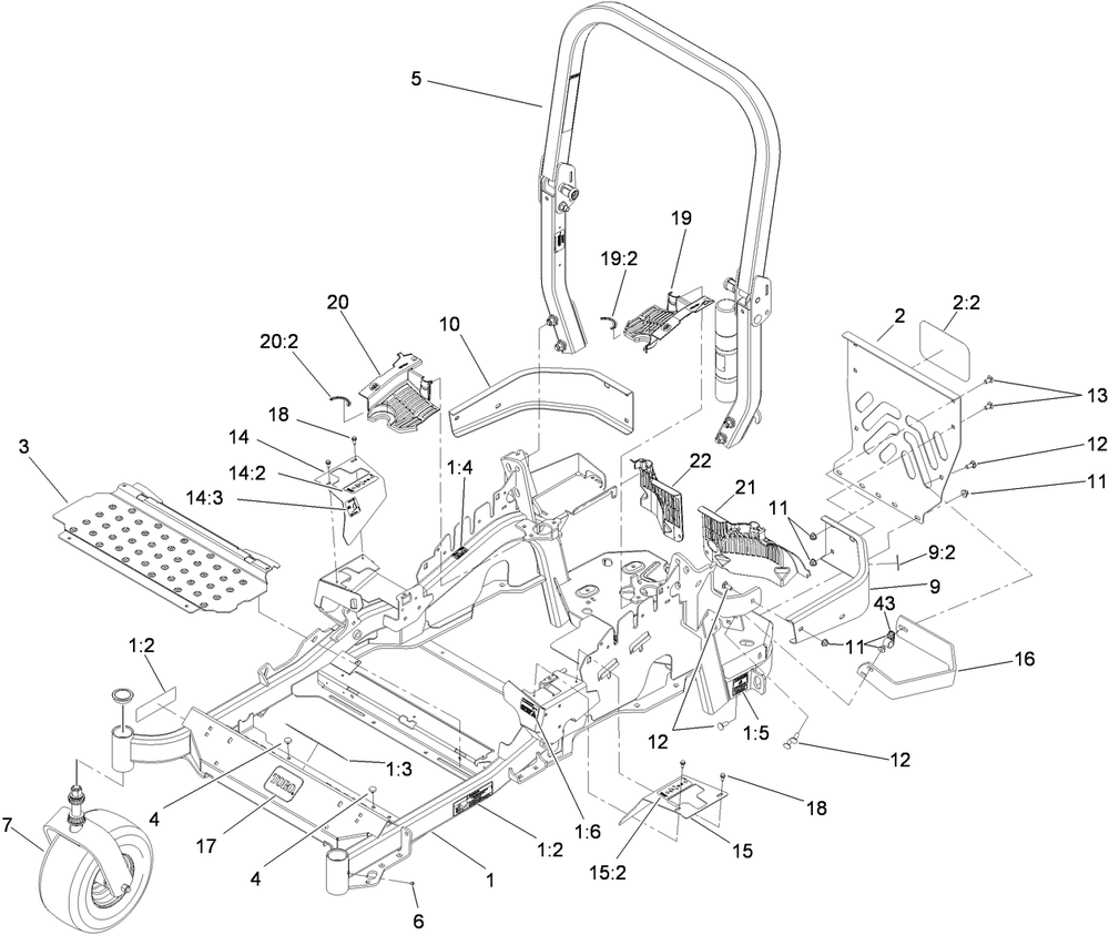 Front Frame And Caster Wheel Assembly Diagram and Parts List for 74957CP (310000001-310999999)(2010) Toro Lawn Mower