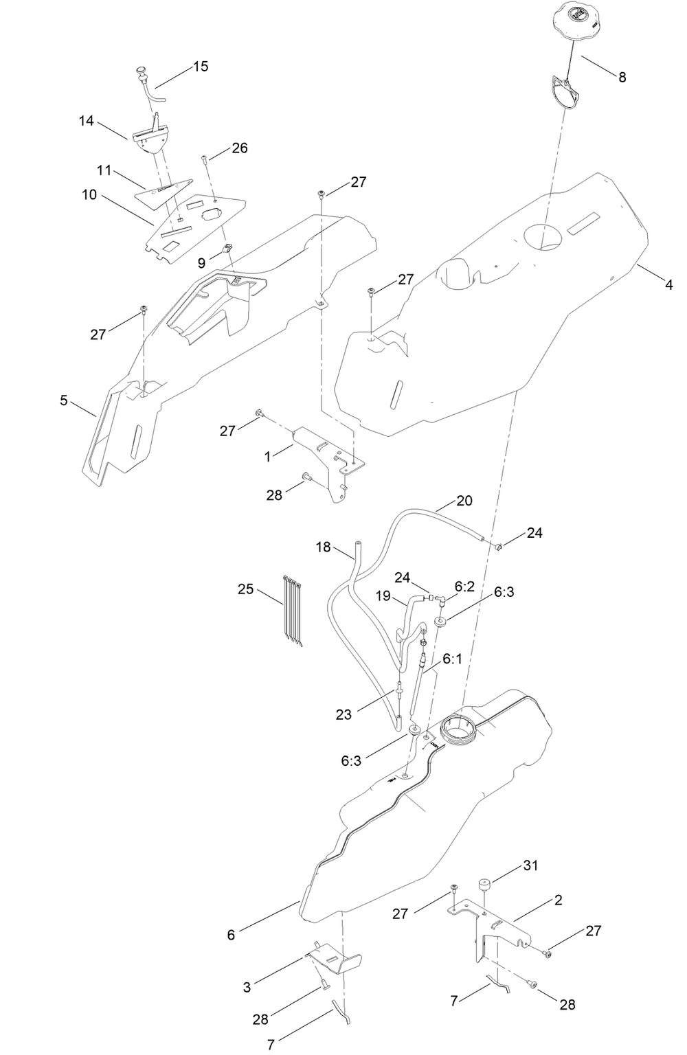 Fuel Pod Assembly Diagram and Parts List for 75734 400000000 - 410209999 Toro Lawn Tractor