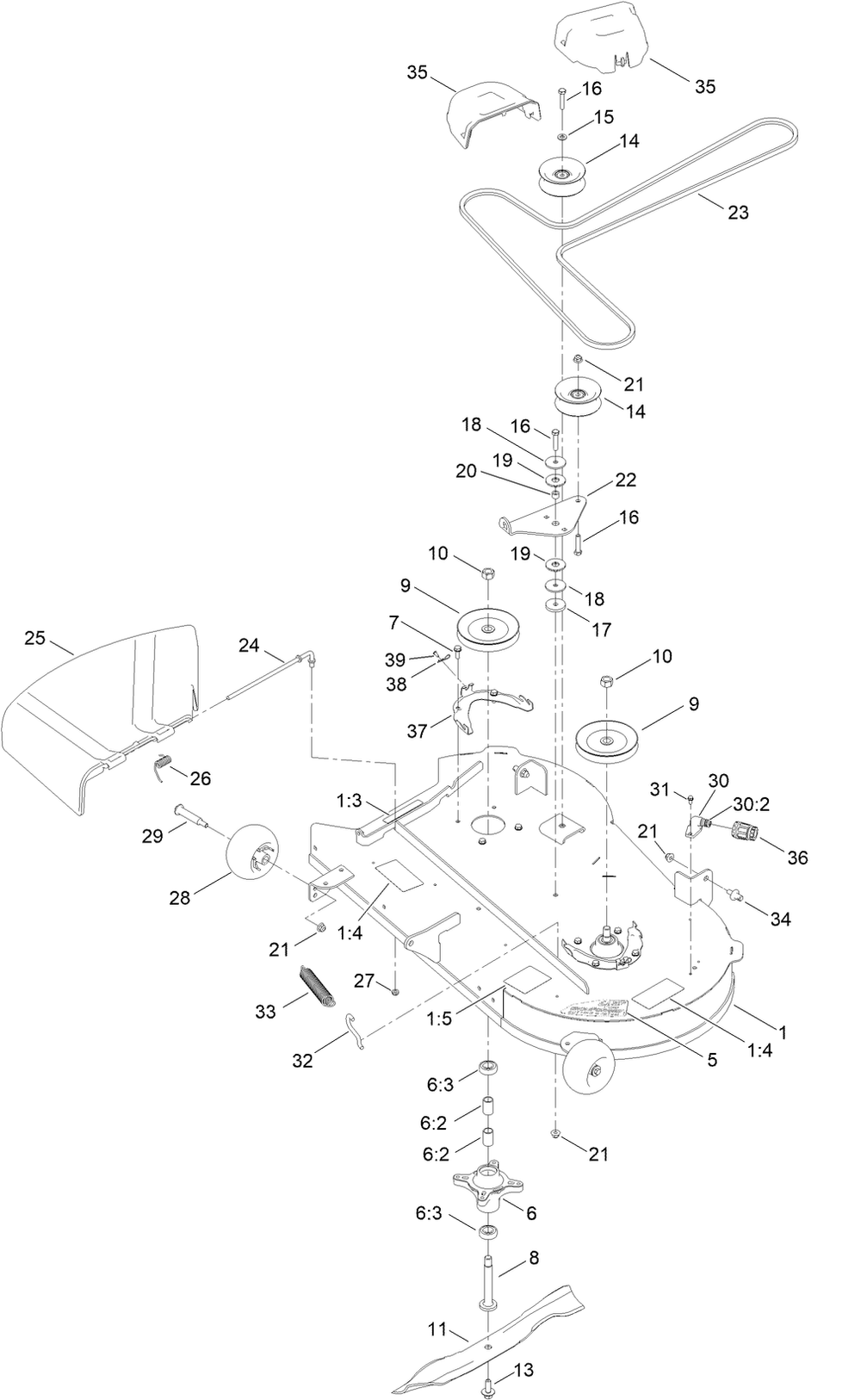 42 Inch Deck, Belt And Blade Assembly Diagram and Parts List for 75766TA 400000000 - 999999999 Toro Lawn Tractor