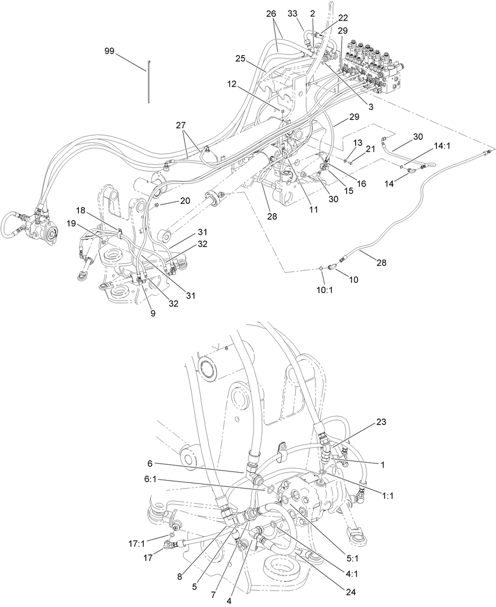 Hydraulic Plumbing Assembly Diagram and Parts List for 25463E 400000000 - 999999999 Toro Lawn Tractor Accessories