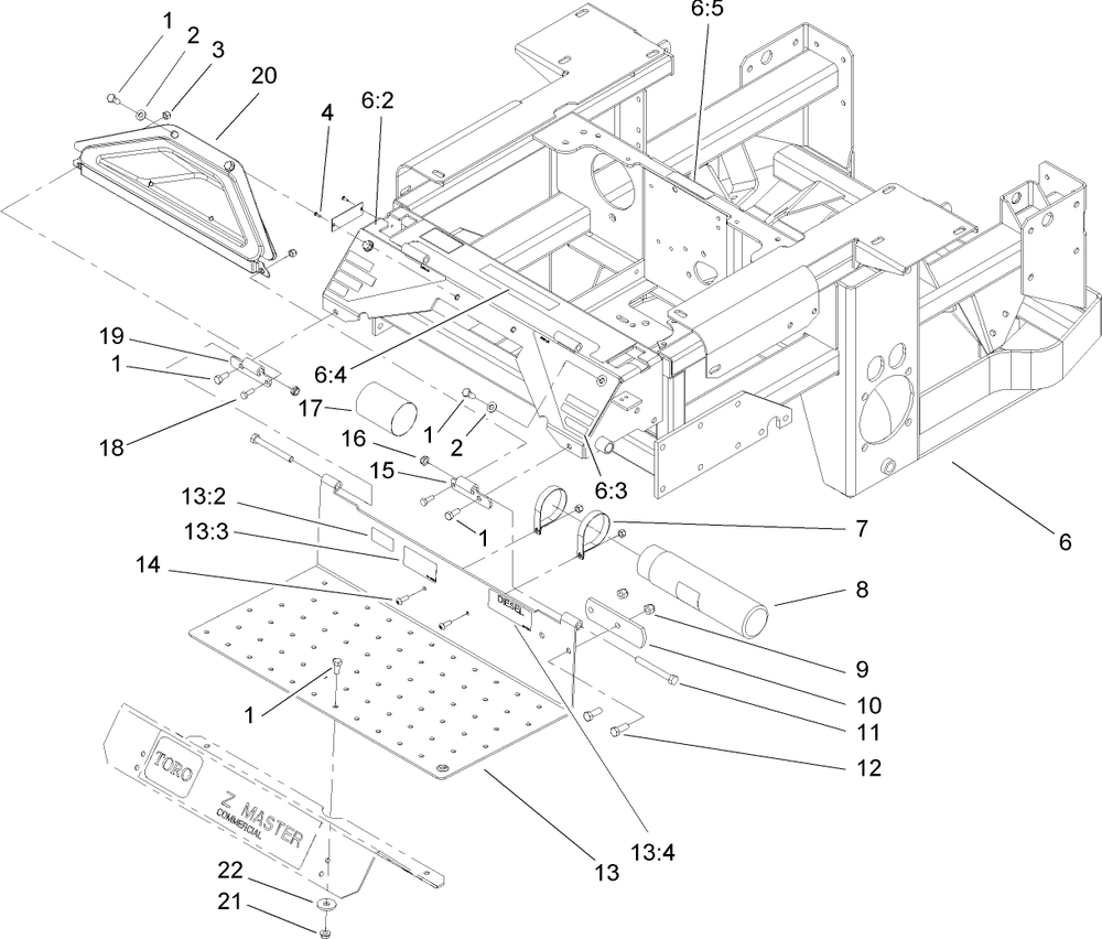 Main Frame, Console And Floor Pan Assembly Diagram and Parts List for 74280TE (260000001-260999999)(2006) Toro Lawn Tractor