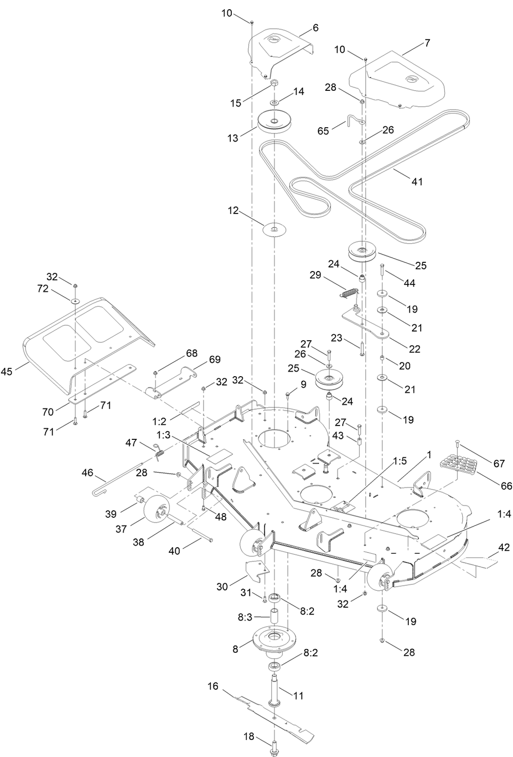 54in Deck Assembly Diagram and Parts List for 75305 412300000 - 999999999 Toro Lawn Tractor