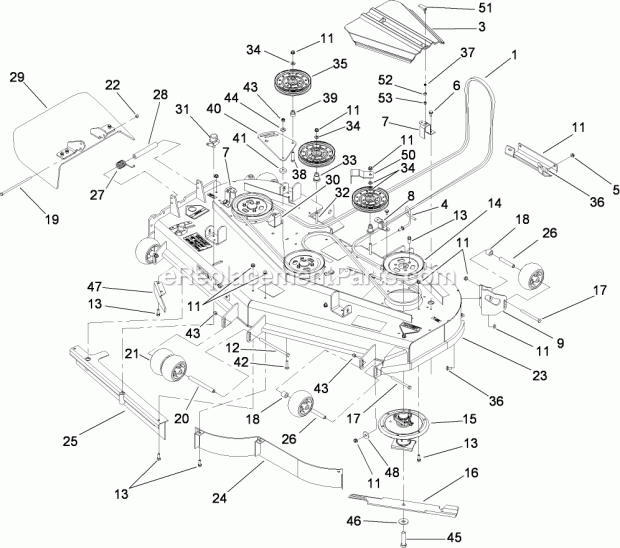 Deck Assembly Diagram and Parts List for 74283 280000001-280999999 Toro Lawn Mower