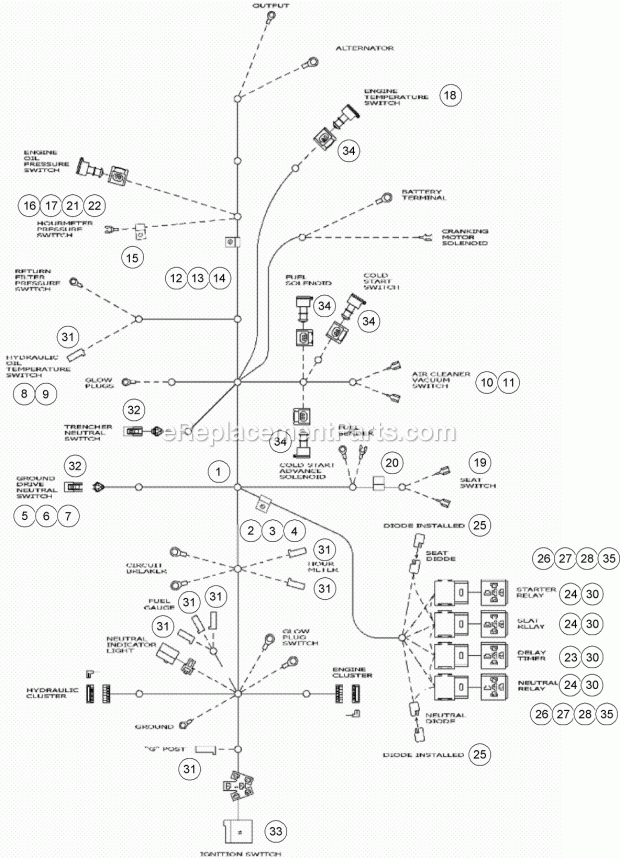 Main Wiring Harness And Connection Assembly Diagram and Parts List for 2011  Toro Lawn Tractor Accessories