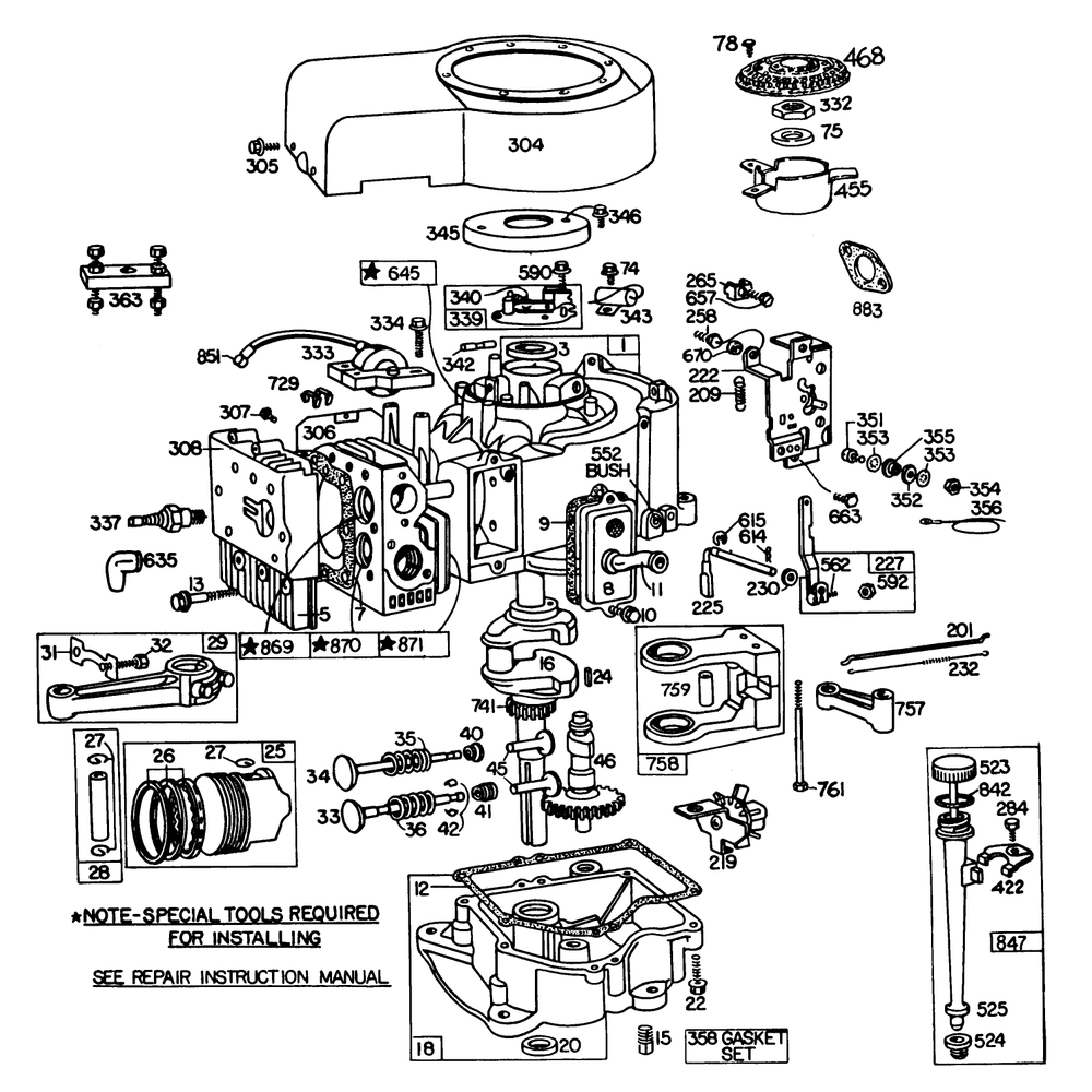 Engine Briggs & Stratton Model 252707-0223-01, Engine Briggs & Stratton Model 252707-0177-01 (Model 57360) Diagram and Parts List for 57300 1000001 - 1999999 Toro Lawn Tractor