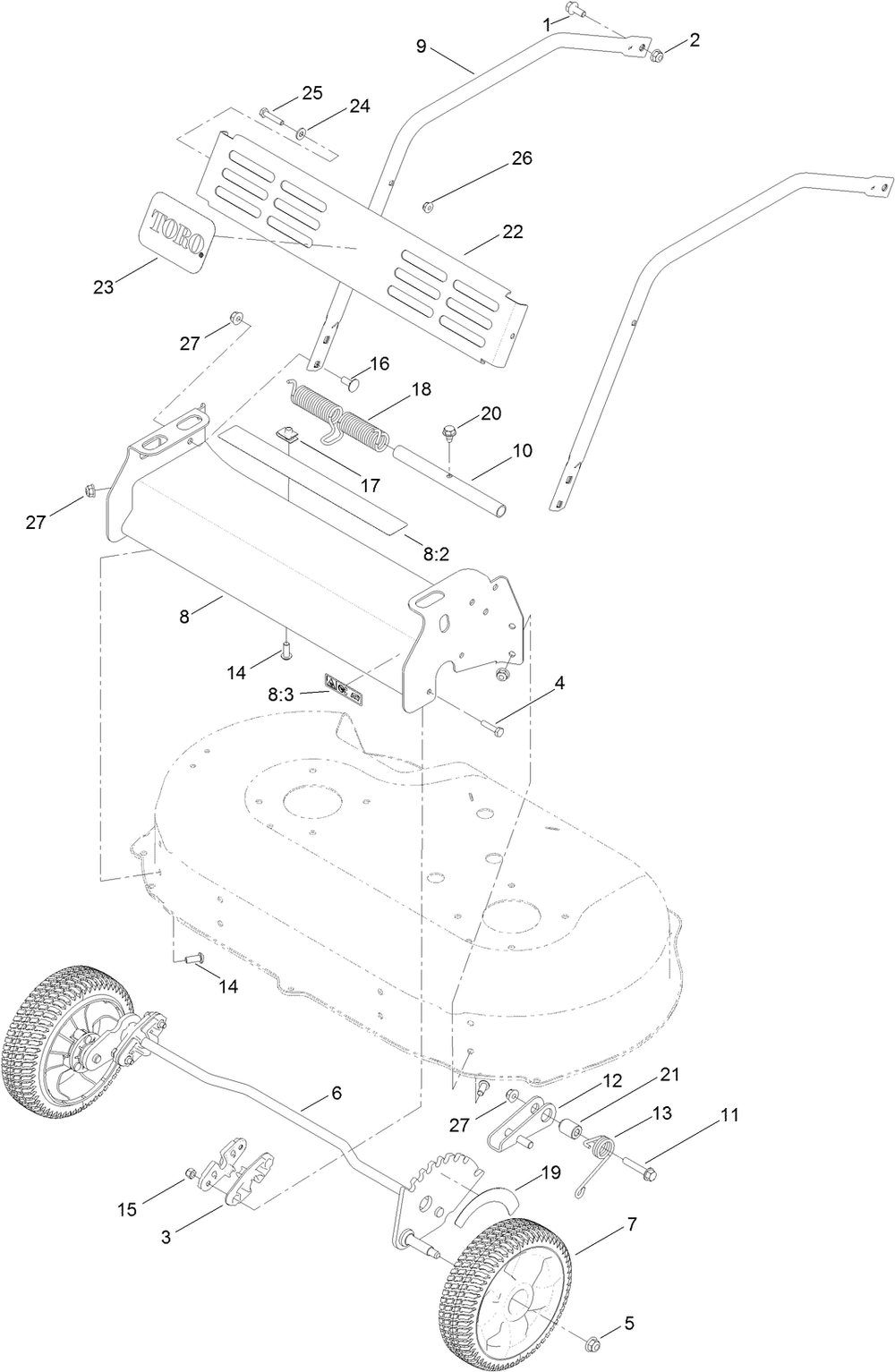 Front Bumper And Wheel Assemby Diagram and Parts List for 22200 (314000001-314999999)(2014) Toro Lawn Mower