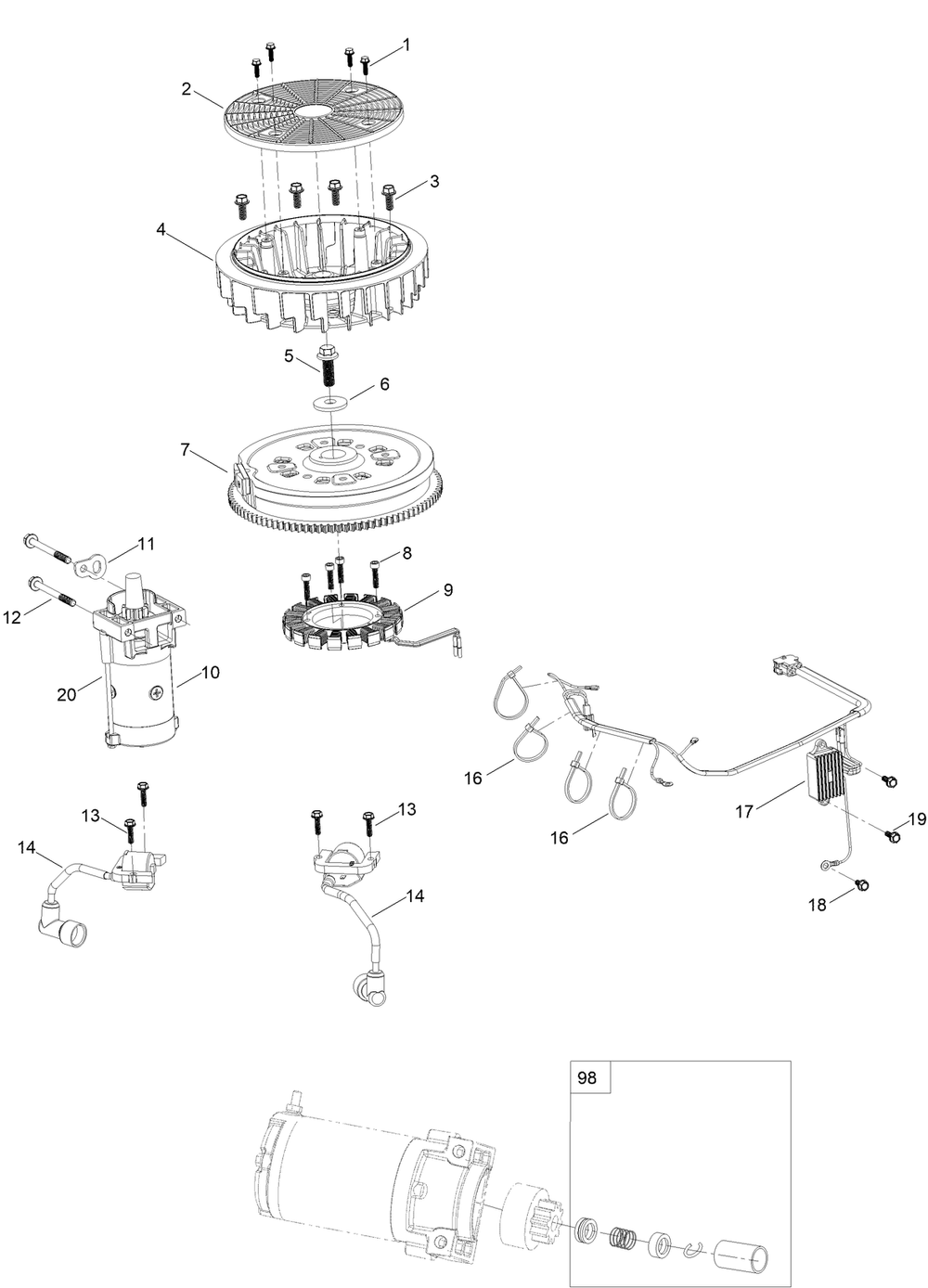 Ignition And Cooling Fan Assembly Diagram and Parts List for 77284 410200000-411582569 Toro Lawn Tractor