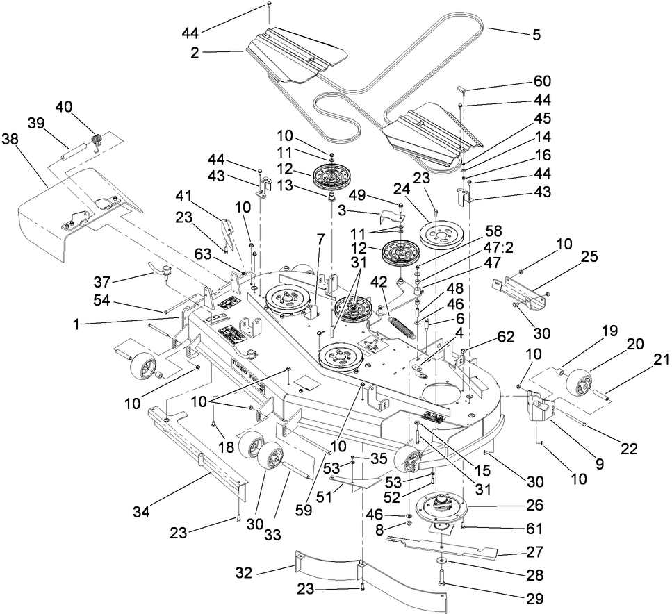 Deck Assembly Diagram and Parts List for 74265TE (290000001-290999999)(2009) Toro Lawn Mower