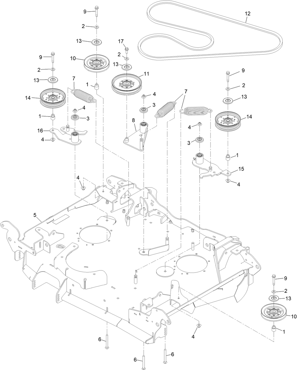 Center Deck Assembly Diagram and Parts List for 72144 413000000 - 999999999 Toro Lawn Tractor