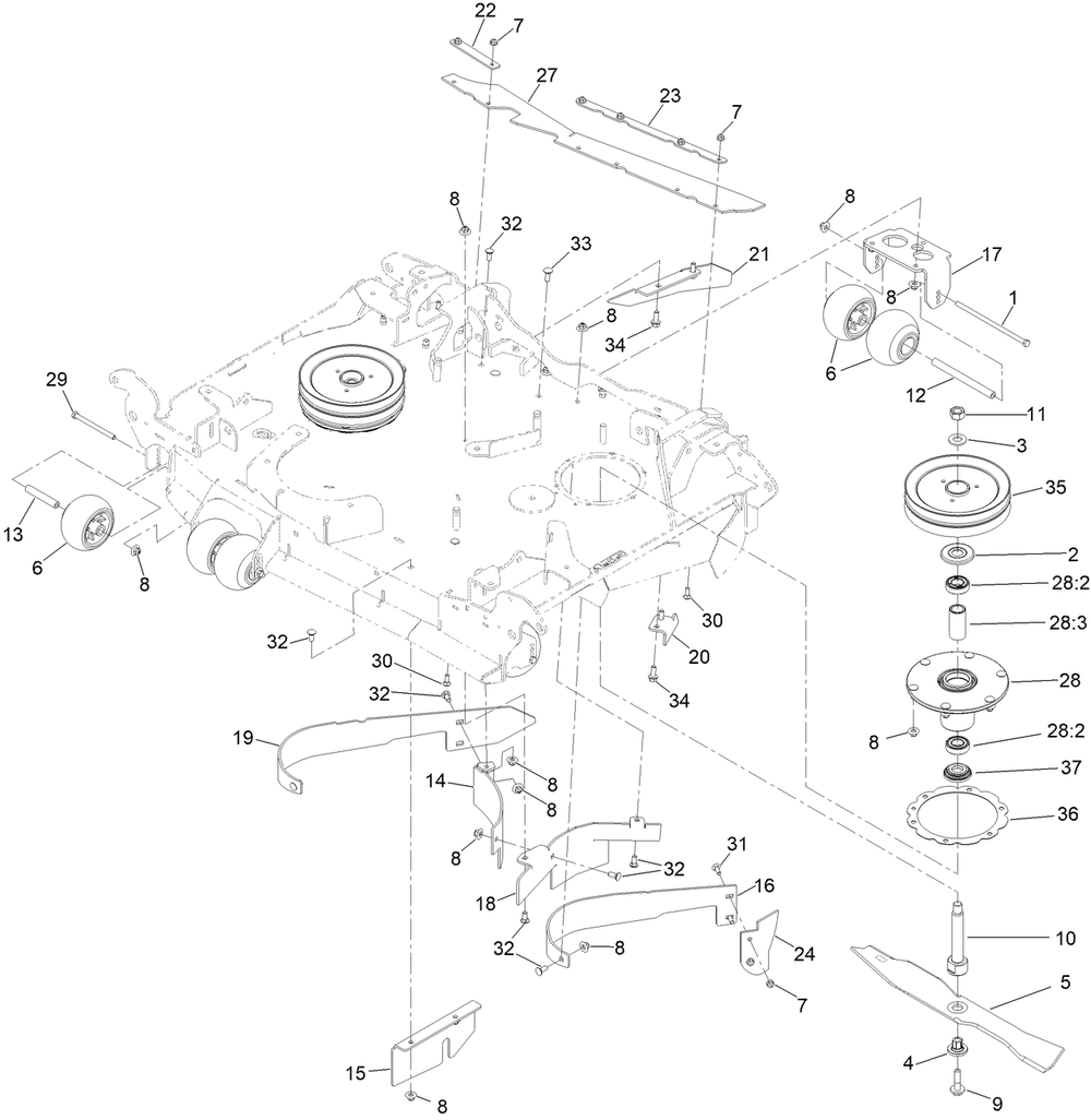 Center Deck Spindle, Baffle And Roller Assembly Diagram and Parts List for 72144 413000000 - 999999999 Toro Lawn Tractor