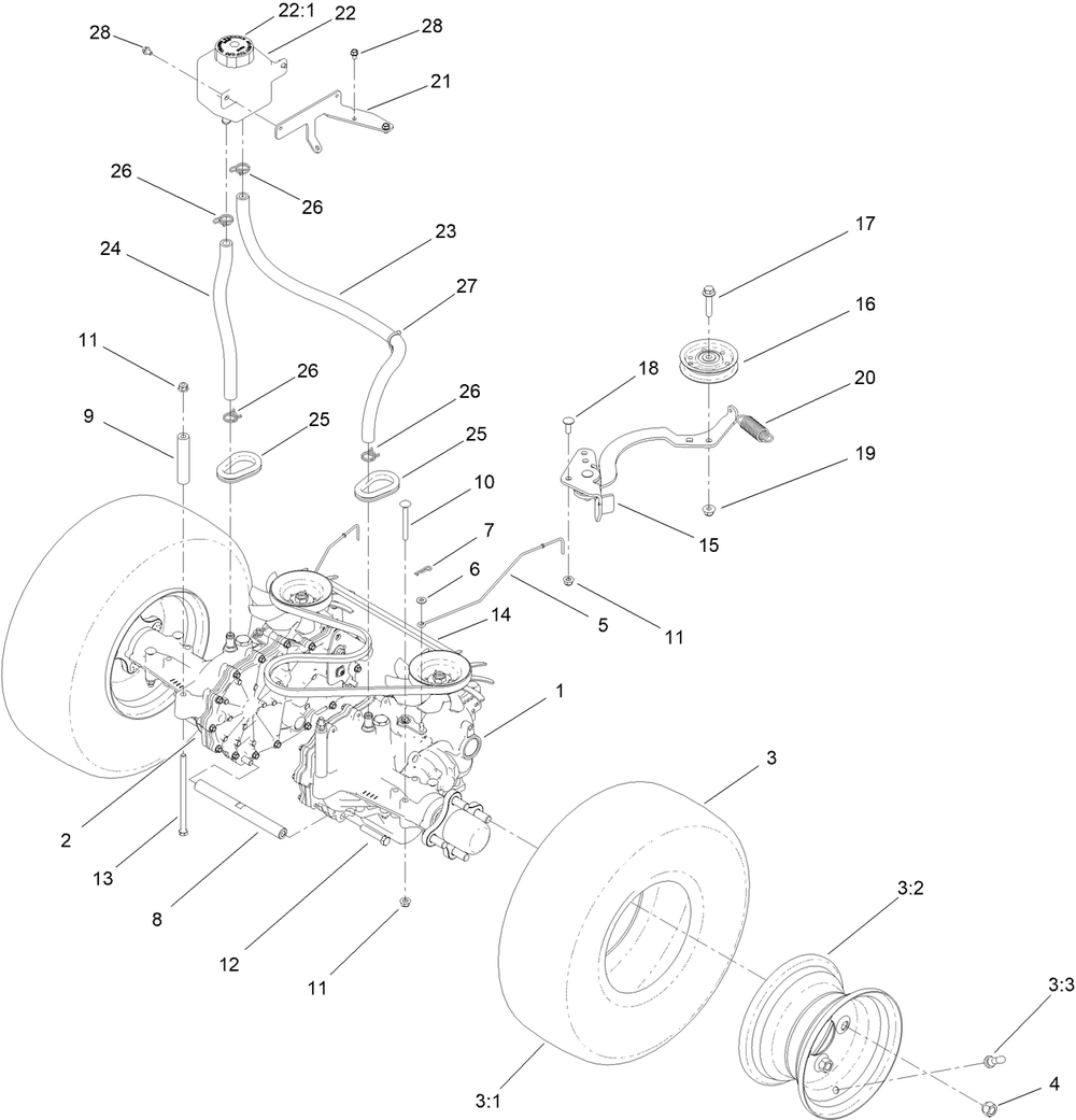 Transmission Assembly Diagram and Parts List for 44436 410280000-999999999 Toro Lawn Mower