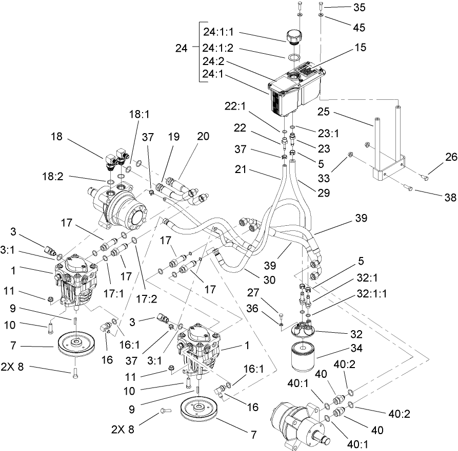 Hydraulic System Assembly Diagram and Parts List for 74415 (250000001-250005000)(2005) Toro Lawn Mower
