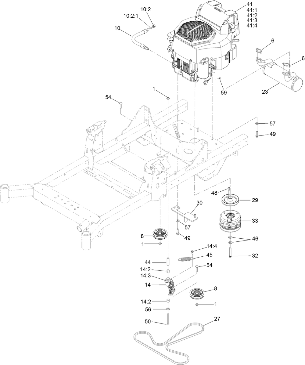 Engine, Clutch And Muffler Assembly Diagram and Parts List for 78450 403062674-404314999 Toro Lawn Tractor