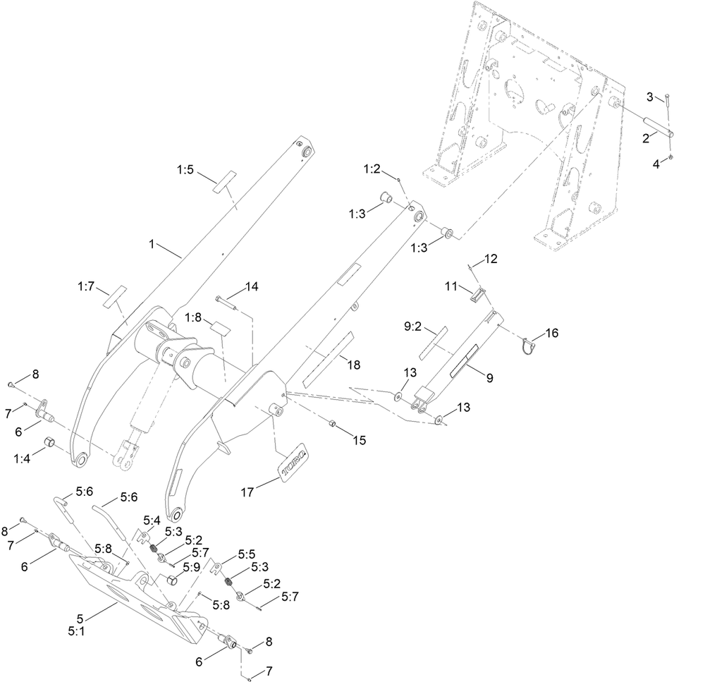 Loader Arm Assembly Diagram and Parts List for 22323G 405700000 - 410299999 Toro Lawn Tractor Accessories