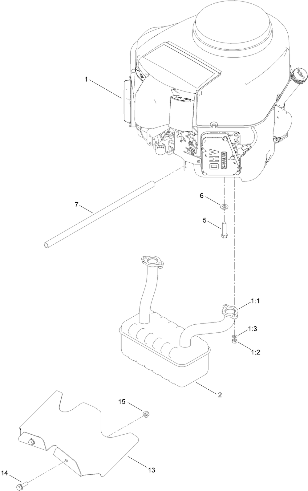 Engine And Muffler Assembly Diagram and Parts List for 75750 409479951 - 410219308 Toro Lawn Tractor