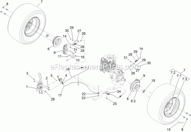 Rear Wheel And Park Brake Assembly Diagram and Parts List for 74954 312000001-312999999 Toro Lawn Mower