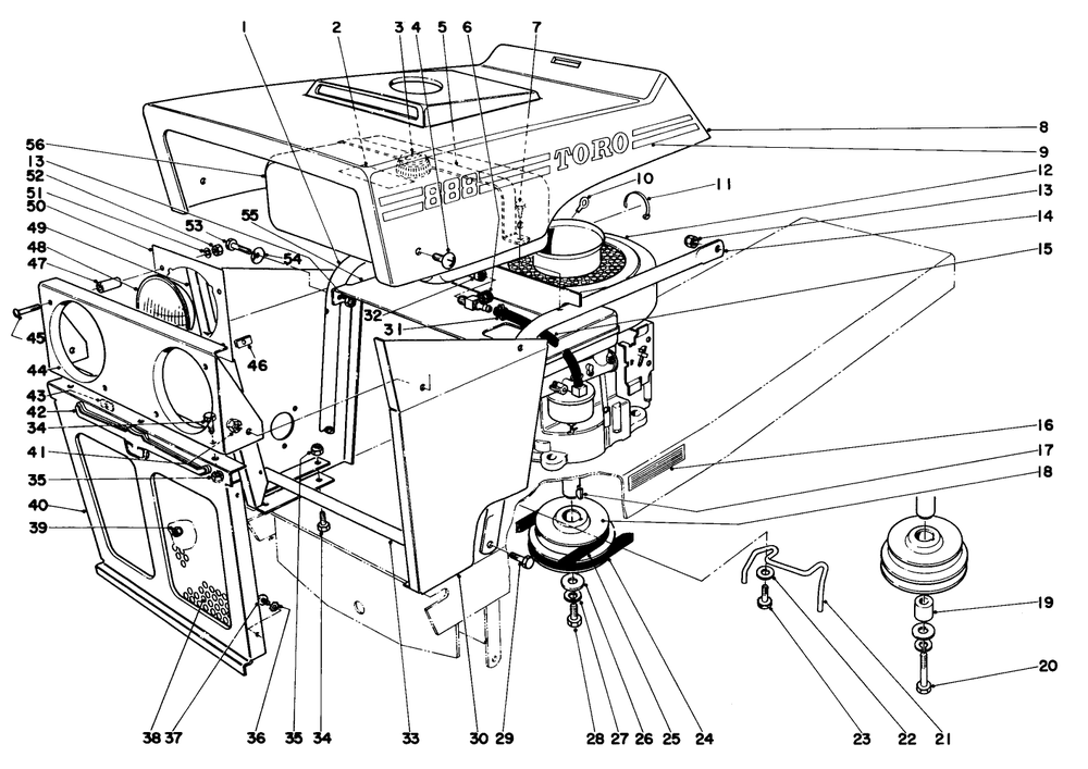 Hood And Engine Assembly Diagram and Parts List for 55256 1000001 - 1999999 Toro Lawn Tractor