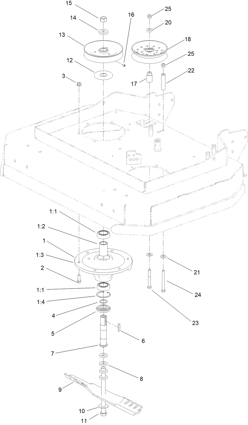 Sheave, Spindle And Blade Assembly Diagram and Parts List for 02711 410000000-999999999 Toro Lawn Tractor