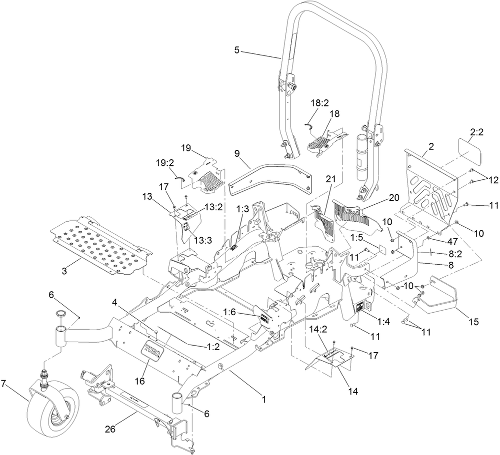 Frame And Caster Wheel Assembly Diagram and Parts List for 74943CP (312000001-312999999)(2012) Toro Lawn Mower