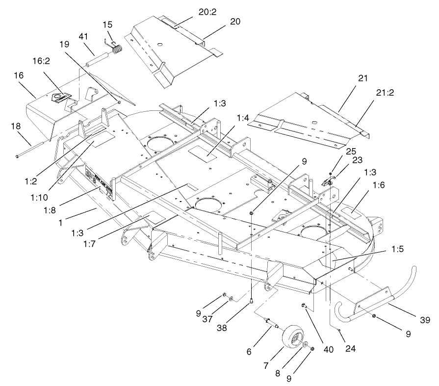 Deck, Deflector And Roller Assembly Diagram and Parts List for 74214 (220000001-220999999)(2002) Toro Lawn Mower