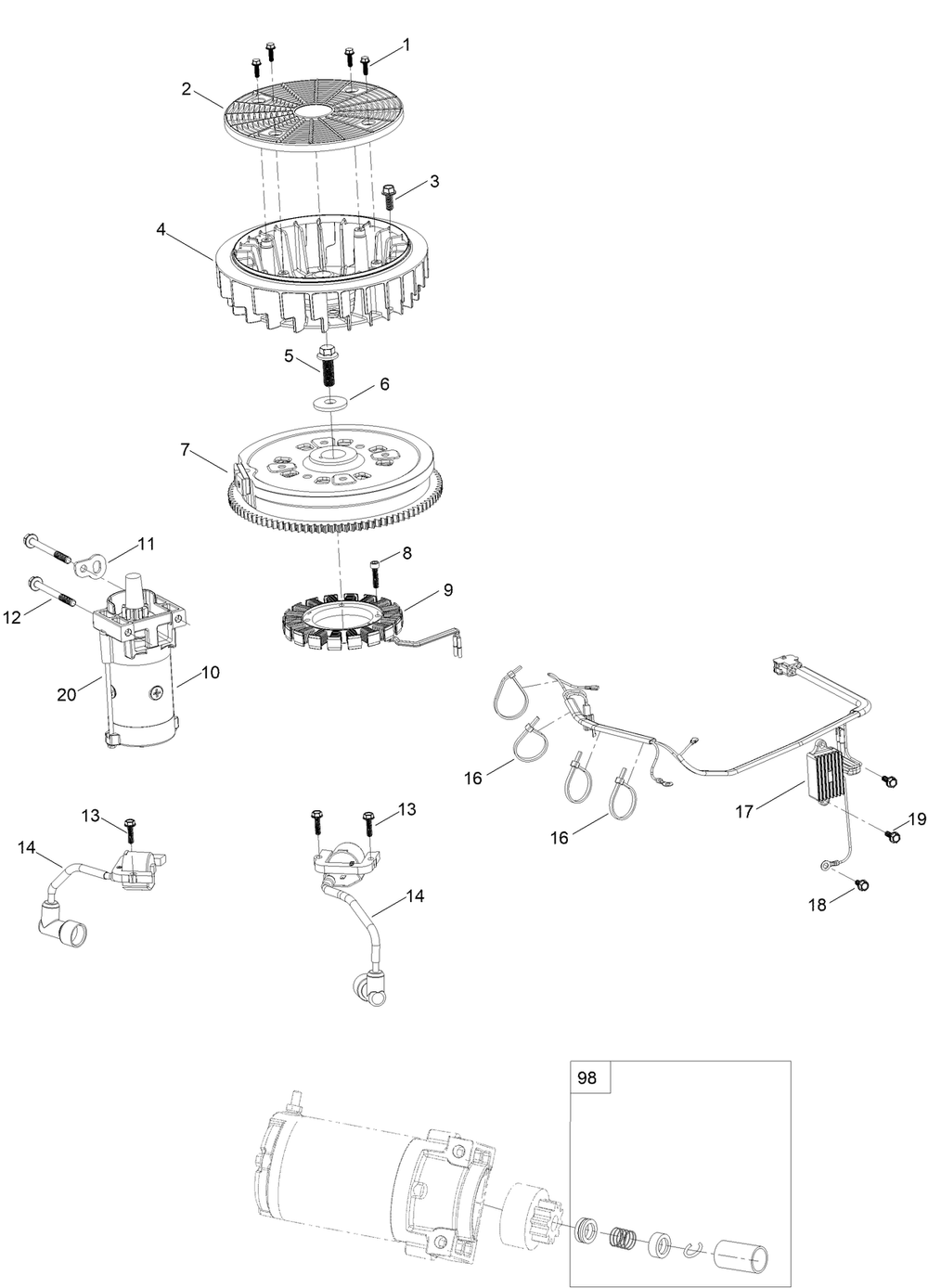 Ignition And Cooling Fan Assembly Diagram and Parts List for 74493 407146062-999999999 Toro Lawn Tractor