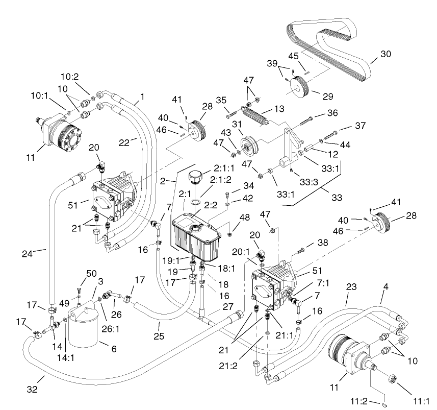 Hydraulic System Assembly Diagram and Parts List for 74213 (230000001-230006000)(2003) Toro Lawn Mower