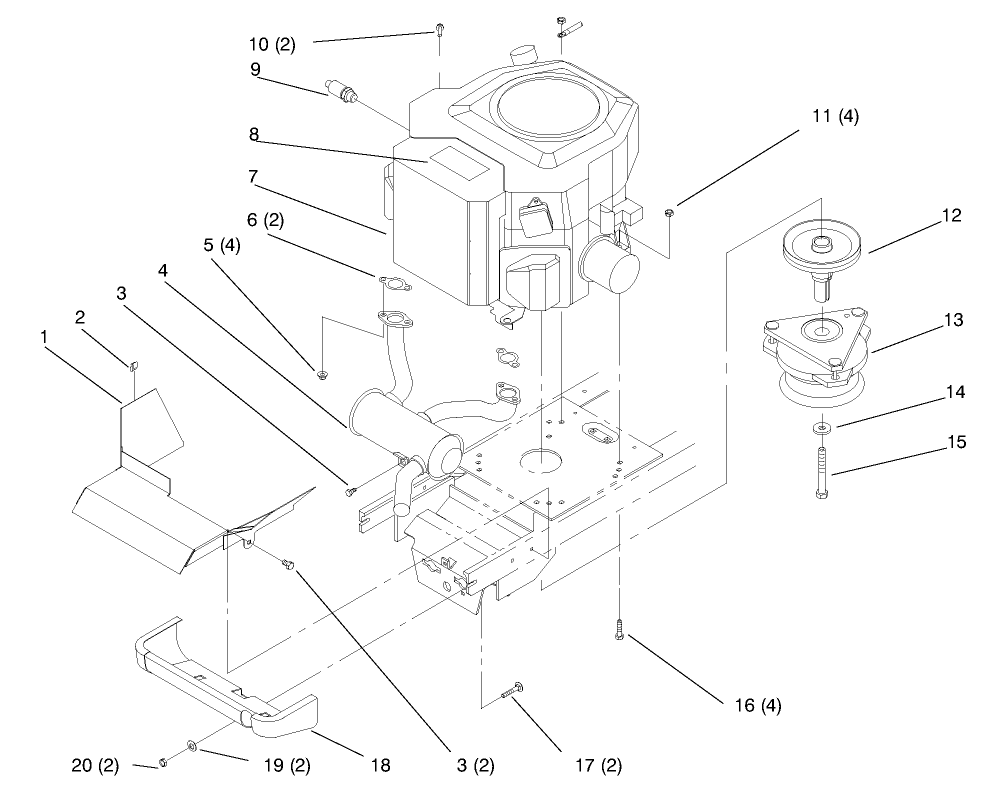 Twin Cylinder Engine, Muffler, And P.T.O. Diagram and Parts List for 72110 6900001 - 6999999 Toro Lawn Tractor