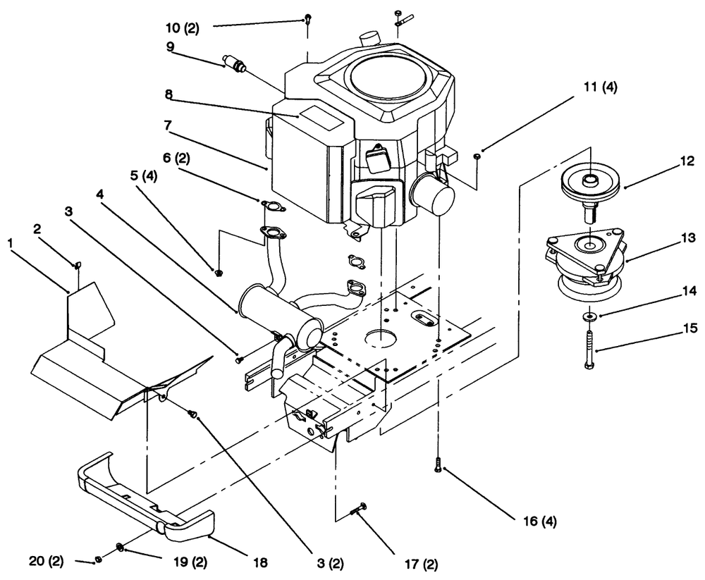 Twin Cylinder Engine, Muffler, And P.T.O. Diagram and Parts List for 72102 6900001 - 6999999 Toro Lawn Tractor