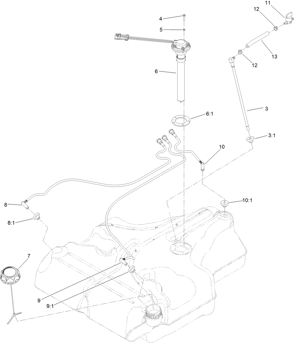 Fuel Tank Assembly Diagram and Parts List for 74942TE 402364843-404319999 Toro Lawn Tractor