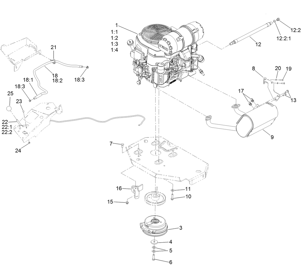 Engine, Clutch And Muffler Assembly Diagram and Parts List for 72951 400000000 - 411999999 Toro Lawn Tractor