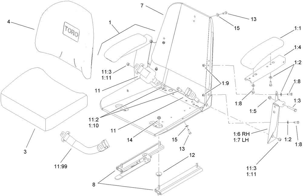 Seat And Bracket Assembly 1 Diagram and Parts List for 74450TE (290000001-290999999)(2009) Toro Lawn Mower