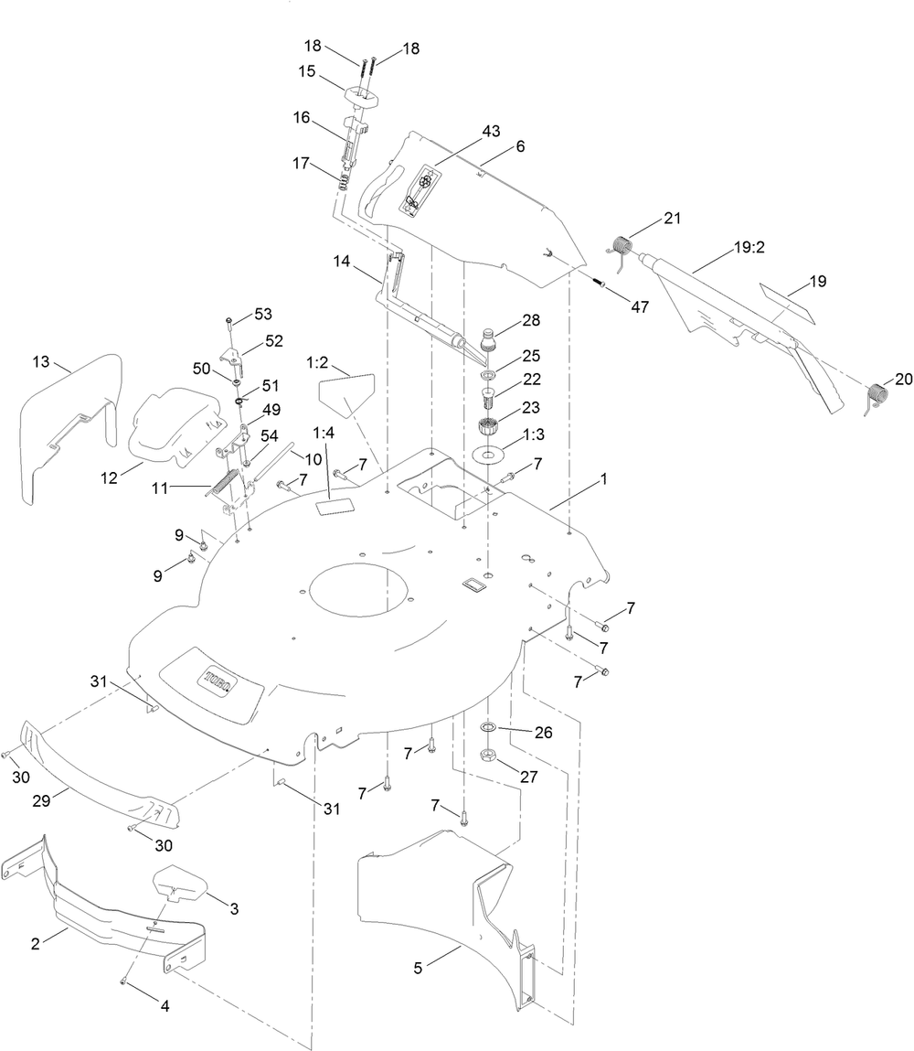 Housing And Chute Assembly Diagram and Parts List for 21863 400000000 - 409999999 Toro Lawn Mower