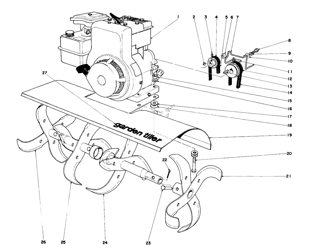 Tine And Engine Assembly (Model 58125) Diagram and Parts List for 58114 5000001 - 5999999 Toro Tiller