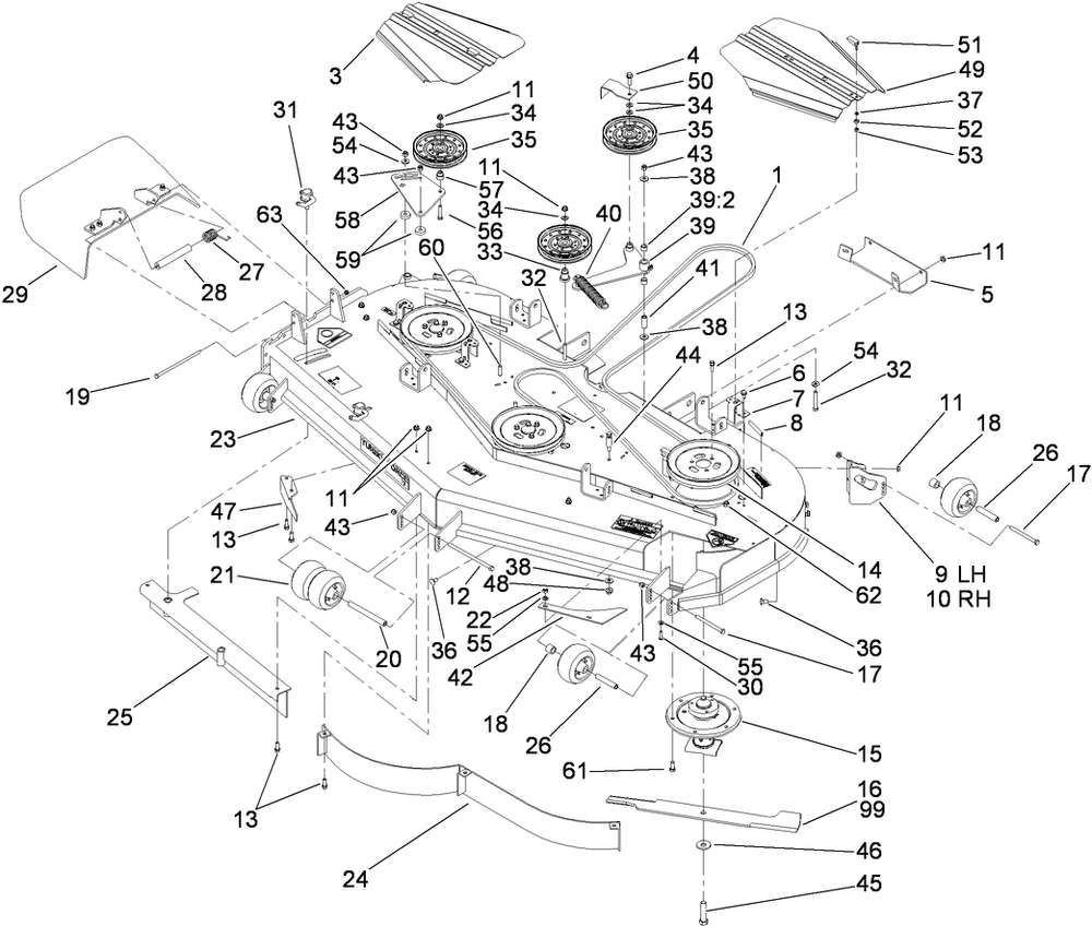 Deck Assembly Diagram and Parts List for 74274 (290000001-290999999)(2009) Toro Lawn Mower