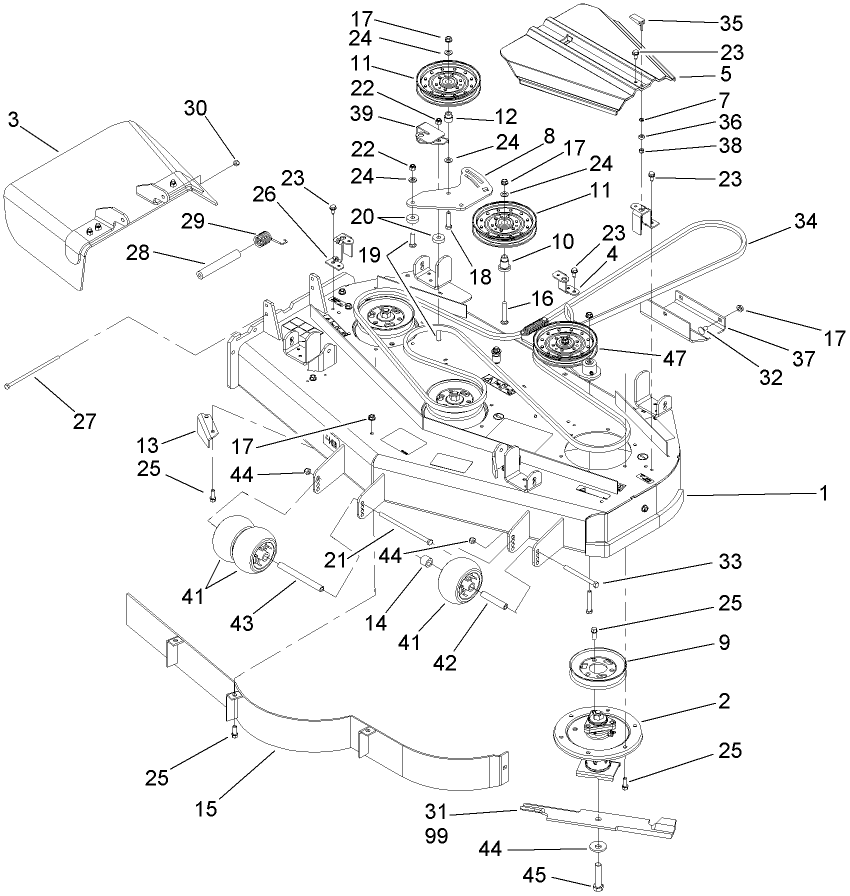 Deck Assembly Diagram and Parts List for 74418TE (270002001-270999999)(2007) Toro Lawn Mower