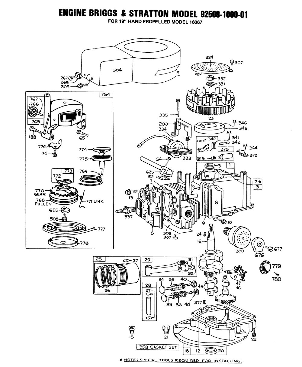 Engine Briggs & Stratton Model 92508-1000-01 For 19" Hand Propelled Model 16067 Diagram and Parts List for 16155 8000001 - 8999999 Toro Lawn Mower