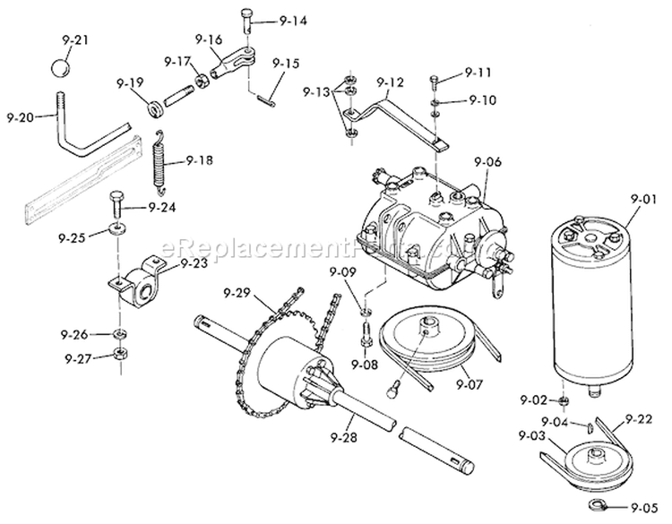 Motor, Transmission and Drive System Diagram and Parts List for 3-6000 1977 Toro Lawn Tractor