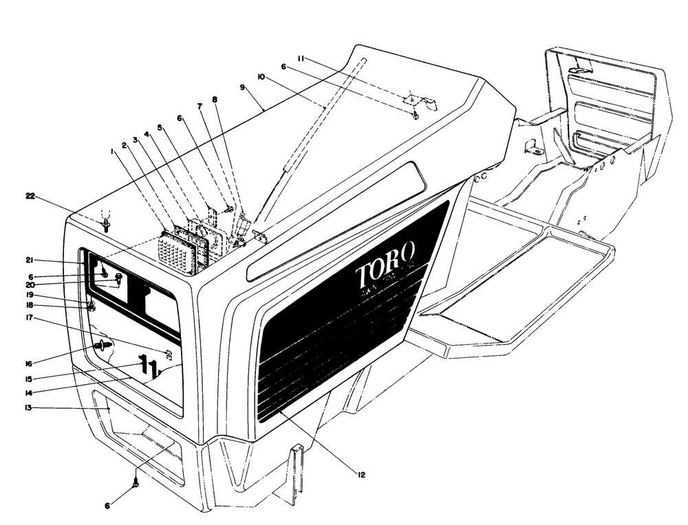 Hood Assembly Model 57360 Diagram and Parts List for 57300 4000001 - 4999999 Toro Lawn Tractor