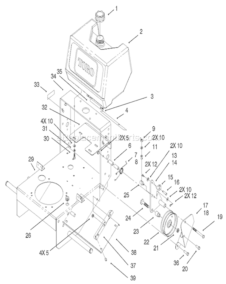 Fuel Tank and Idler Bracket Assembly Diagram and Parts List for 30165 210000001-210999999 - 2001 Toro Lawn Mower