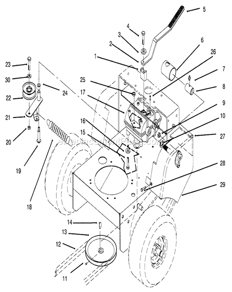 Transmission, Idler, Drive Pulleys and Drive Belt Diagram and Parts List for 30165 5900001-5999999 - 1995 Toro Lawn Mower