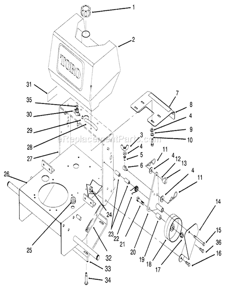 Frame, Fuel Tank and Wheel Drive Idler Diagram and Parts List for 30165 690001-699999 - 1996 Toro Lawn Mower