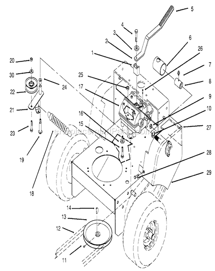 Transmission, Idler, Drive Pulleys and Drive Belt Diagram and Parts List for 30165 690001-699999 - 1996 Toro Lawn Mower