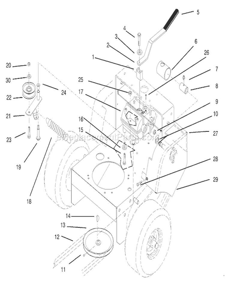 Transmission, Idler, Drive Pulleys and Drive Belt Diagram and Parts List for 30165 890001-899999 - 1998 Toro Lawn Mower