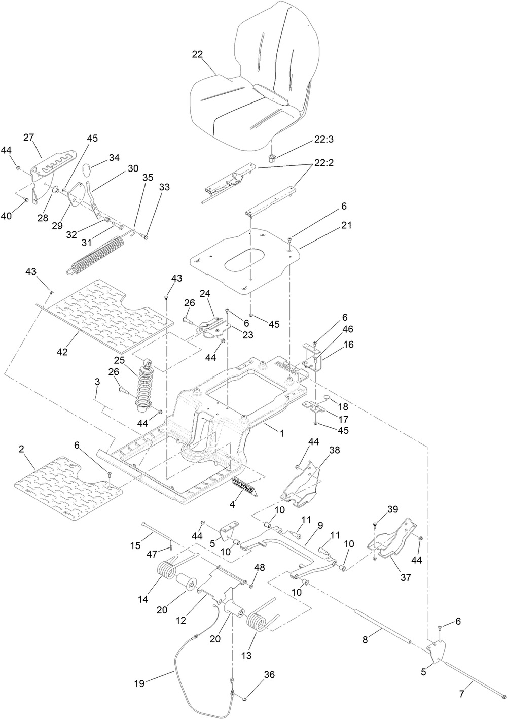Seat Mounting Assembly Diagram and Parts List for 76411 400000000 - 415399999 Toro Lawn Tractor