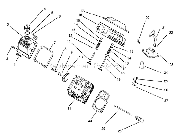 Cylinder Head, Valve & Breather Diagram and Parts List for 30610 390001-399999 - 1993 Toro Lawn Tractor