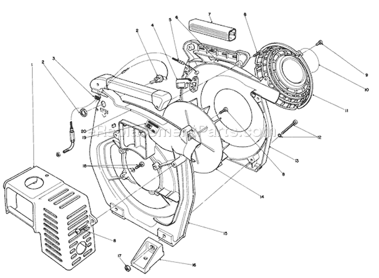 Blower Housing Assembly Diagram and Parts List for 30935 0000001-0999999 - 1990 Toro Leaf Blower / Vacuum