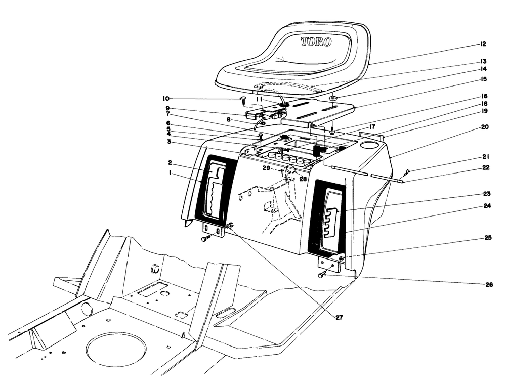 Rear Body & Seat Assembly Diagram and Parts List for 57300 4000001 - 4999999 Toro Lawn Tractor