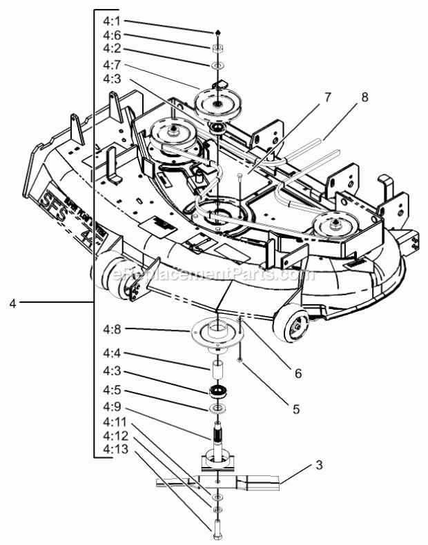 Deck Spindle Assembly Diagram and Parts List for 74164 240000001-240999999 Toro Lawn Mower